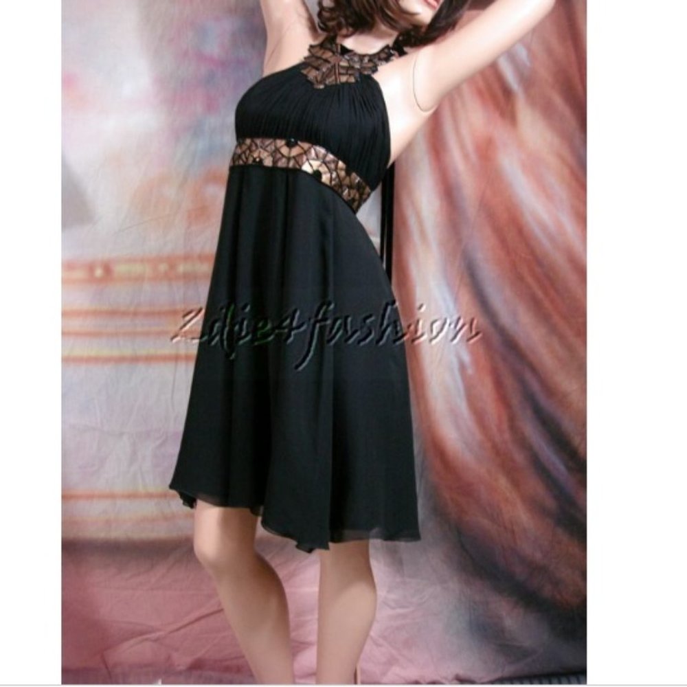 $3680 New ANDREW GN Black Silk Glass Bead Velvet Tie Halter Flowy Dress 8